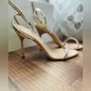 Authentic Manolo Blahnik Crinastra Satin  Strappy Sandals in Blush Beige